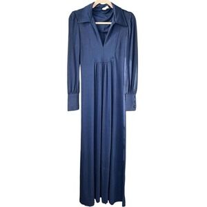 T2 70S Vintage‎ Navy Blue Maxi Dress Long Sleeve Stretchy Full Length Gown